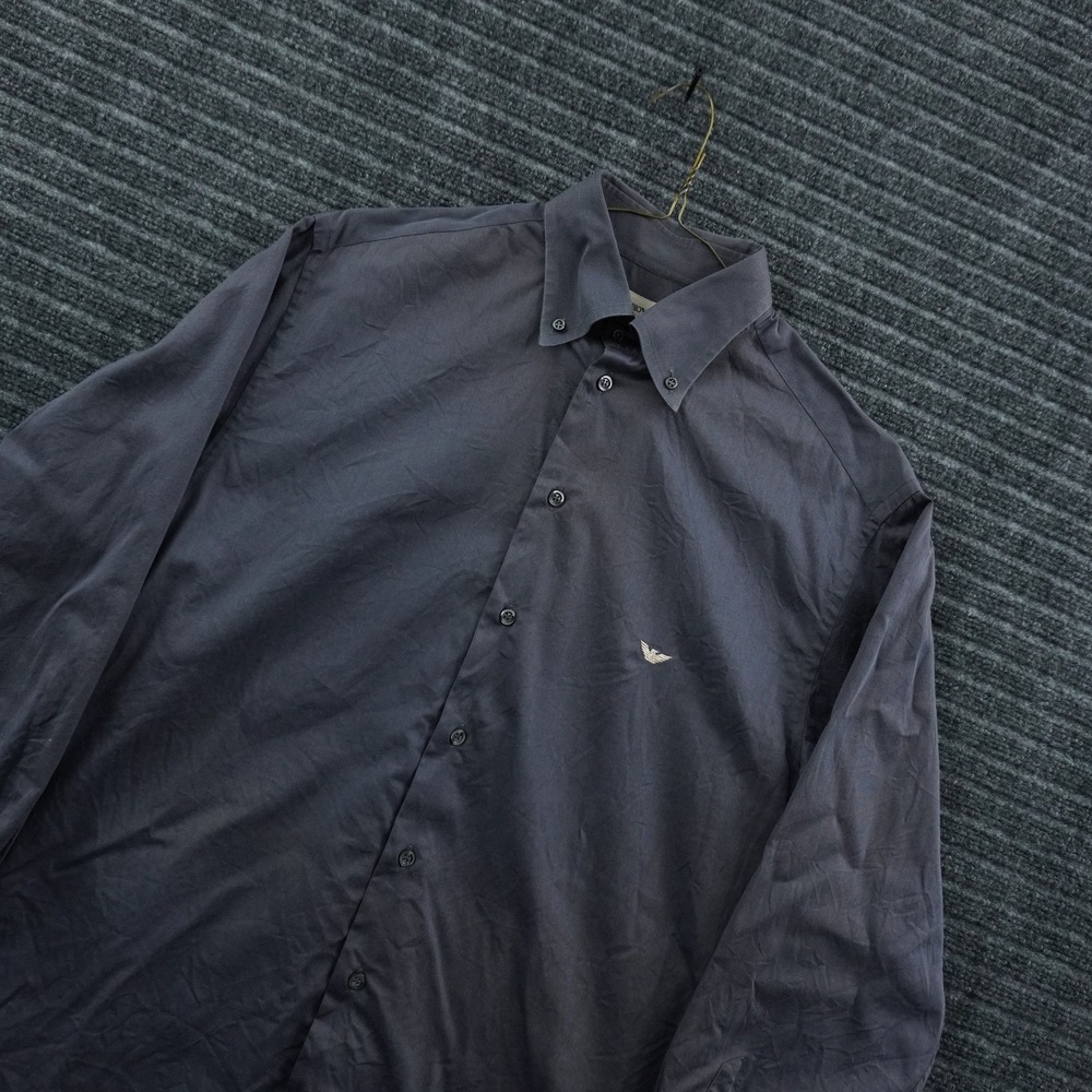 Vintage Emporio Armani Button Down Shirt Mens 16 Charcoal Grey Embroidered Logo
